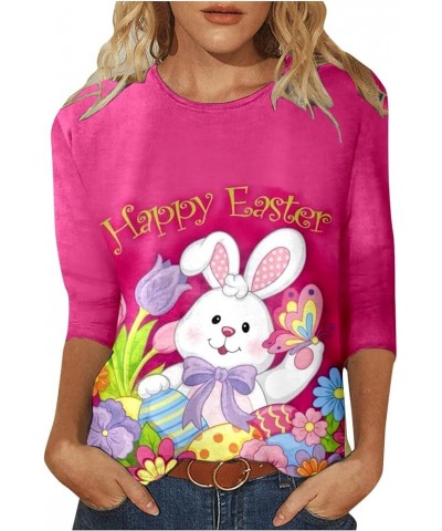 Happy Easter Shirts for Ladies Womens Three Quarter Sleeve Tops Funny Bunny Graphic Shirts Ruond Neck Blouses Hot Pink $4.00 ...