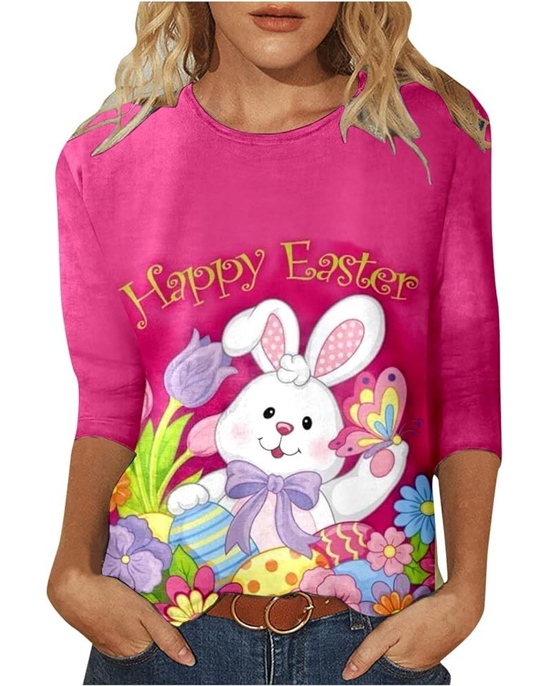 Happy Easter Shirts for Ladies Womens Three Quarter Sleeve Tops Funny Bunny Graphic Shirts Ruond Neck Blouses Hot Pink $4.00 ...