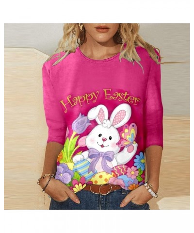 Happy Easter Shirts for Ladies Womens Three Quarter Sleeve Tops Funny Bunny Graphic Shirts Ruond Neck Blouses Hot Pink $4.00 ...