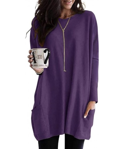 Womens Short Sleeve/Long Sleeve Tunic Tops for Leggings with Pockets 2024 Fashion Long Basic Sweatshirt 01-purple $21.59 Tops