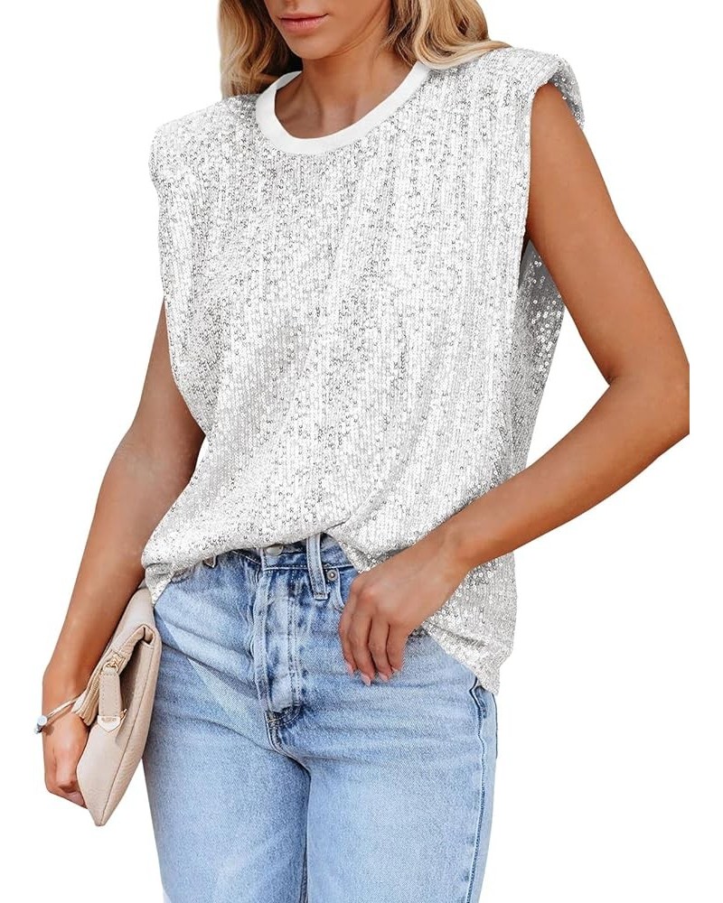 Womens Crewneck Sequin Shoulder Padded Tops Sparkle Shimmer Blouses Shirts and Tops Sliver $19.11 Blouses