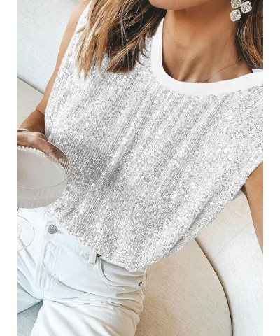 Womens Crewneck Sequin Shoulder Padded Tops Sparkle Shimmer Blouses Shirts and Tops Sliver $19.11 Blouses