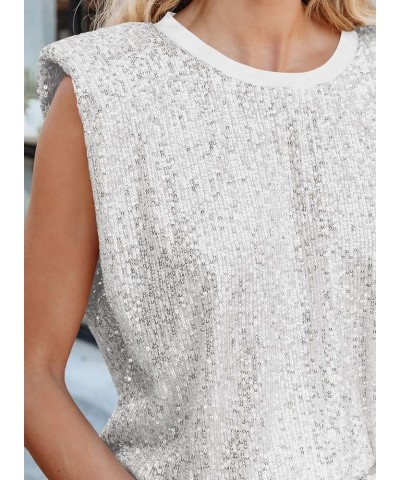 Womens Crewneck Sequin Shoulder Padded Tops Sparkle Shimmer Blouses Shirts and Tops Sliver $19.11 Blouses