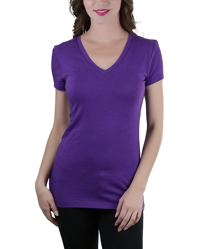 Women's Beautiful Wardrobe Classic Short Sleeve V-Neck T-Shirt Purple $8.29 T-Shirts