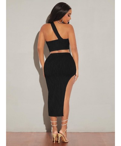 Women's 2 Piece Outfits One Shoulder Crop Top and Split Bodycon Skirt Sets Black $16.32 Suits