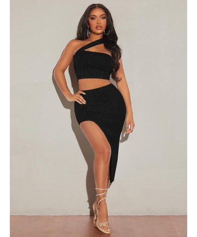 Women's 2 Piece Outfits One Shoulder Crop Top and Split Bodycon Skirt Sets Black $16.32 Suits