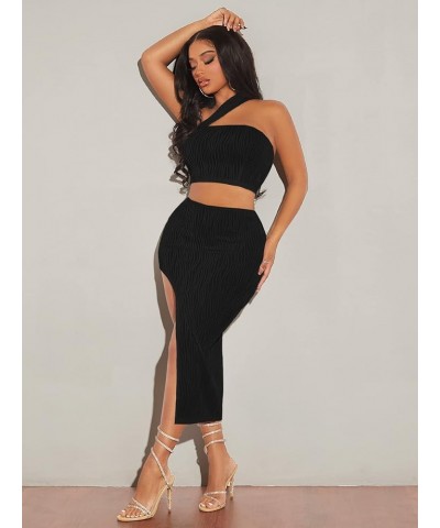 Women's 2 Piece Outfits One Shoulder Crop Top and Split Bodycon Skirt Sets Black $16.32 Suits