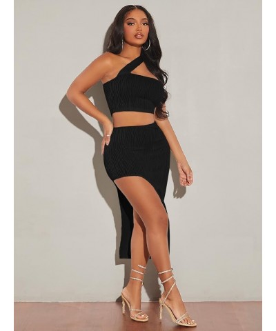 Women's 2 Piece Outfits One Shoulder Crop Top and Split Bodycon Skirt Sets Black $16.32 Suits