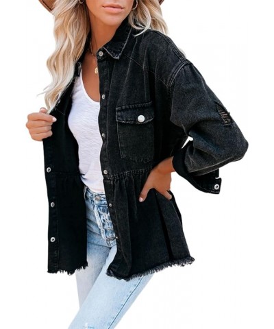 Women's Distressed Fringed Hole Ripped Tassel Skirt Hem Button Down Shirt Jacket Shacket Black $29.39 Jackets