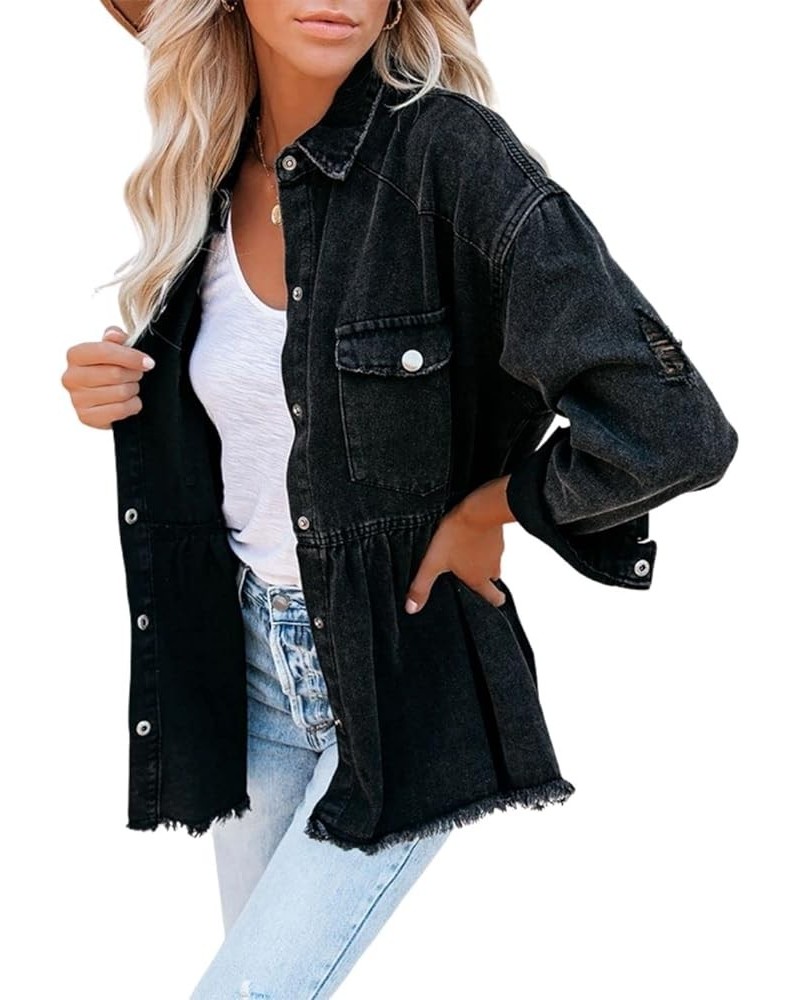 Women's Distressed Fringed Hole Ripped Tassel Skirt Hem Button Down Shirt Jacket Shacket Black $29.39 Jackets