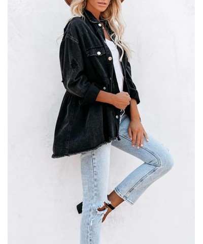 Women's Distressed Fringed Hole Ripped Tassel Skirt Hem Button Down Shirt Jacket Shacket Black $29.39 Jackets