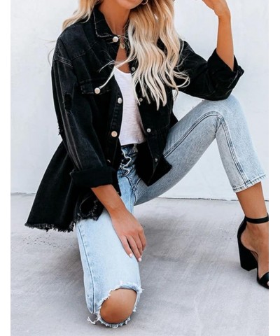 Women's Distressed Fringed Hole Ripped Tassel Skirt Hem Button Down Shirt Jacket Shacket Black $29.39 Jackets