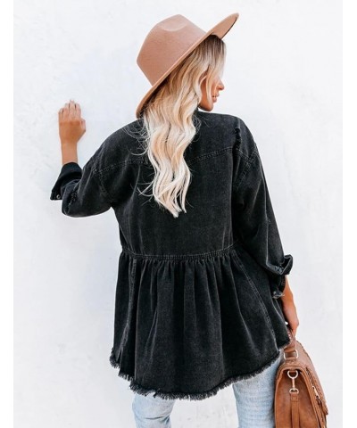 Women's Distressed Fringed Hole Ripped Tassel Skirt Hem Button Down Shirt Jacket Shacket Black $29.39 Jackets