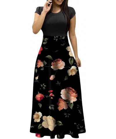 Womens Short Sleeve Empire Waist Floral Maxi Dress 2024 Spring Summer Fashion Casual Plus Size Dresses F-black $9.71 Activewear