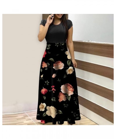 Womens Short Sleeve Empire Waist Floral Maxi Dress 2024 Spring Summer Fashion Casual Plus Size Dresses F-black $9.71 Activewear