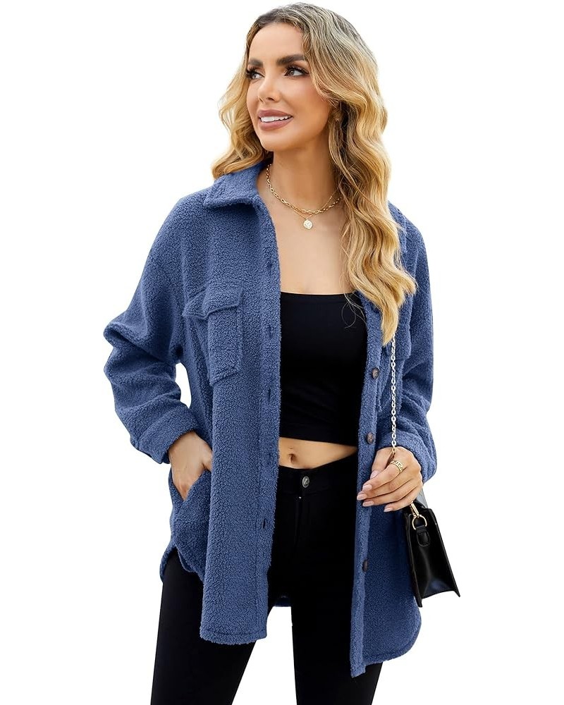 Fleece Jacket Long Sleeve Button Casual Sherpa Jacket Coat Fall Teddy Bear Outwear with Pockets Blue-long Sleeve $15.29 Jackets