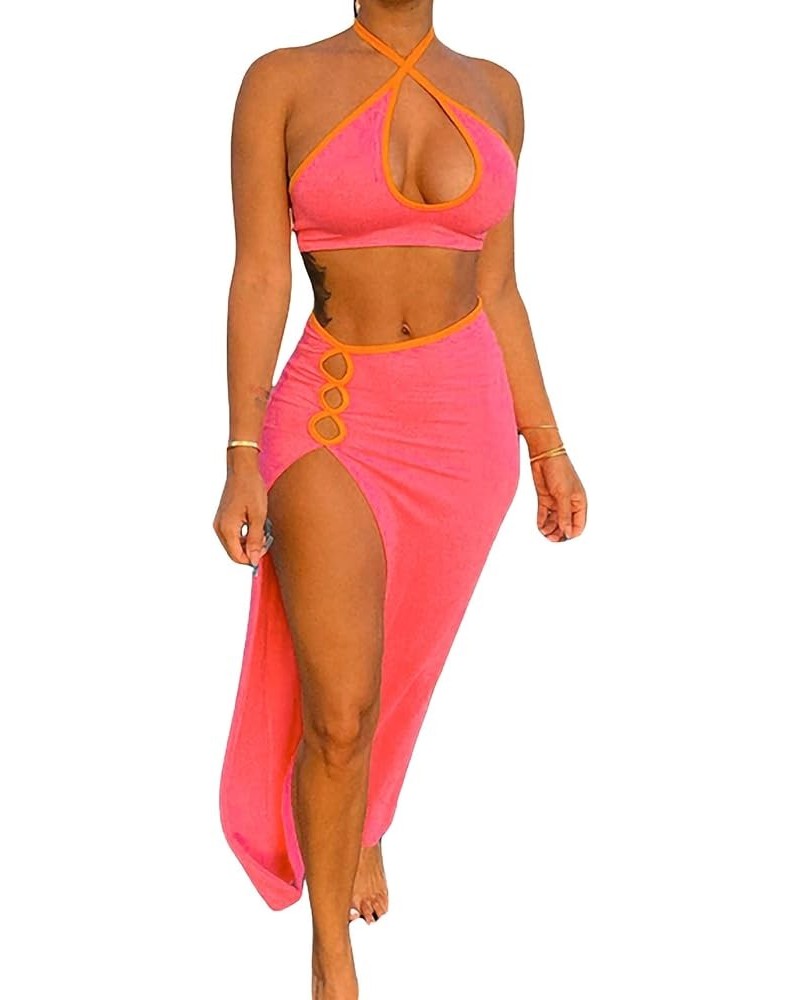 Women Hollow Out 2 Piece Skirt Set Y2K Halter Backless Crop Camis Slim Fit Tube Tops Split Maxi Skirts Outfits H-neon Pink $1...