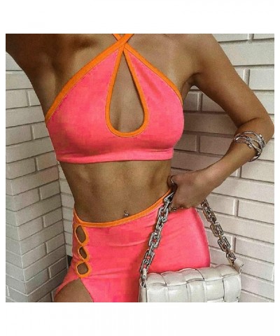 Women Hollow Out 2 Piece Skirt Set Y2K Halter Backless Crop Camis Slim Fit Tube Tops Split Maxi Skirts Outfits H-neon Pink $1...