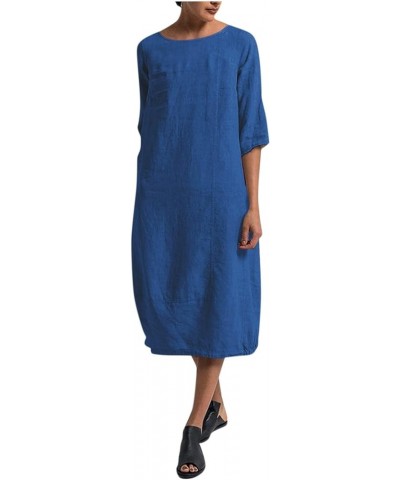 Women's Maxi Dress Casual Loose Cotton Linen Mid Sleeve Round Neck Large Size Dress Maxi Blue $9.20 Dresses