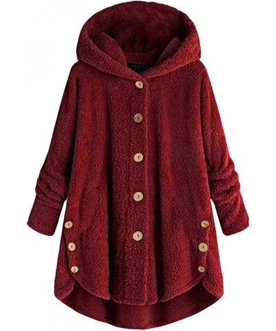 Women Faux Fur Hooded Coat Plus Size Winter Fleece Jackets Single Breasted Long Teddy Coat Relaxed Fit Jackets Wine $9.85 Coats