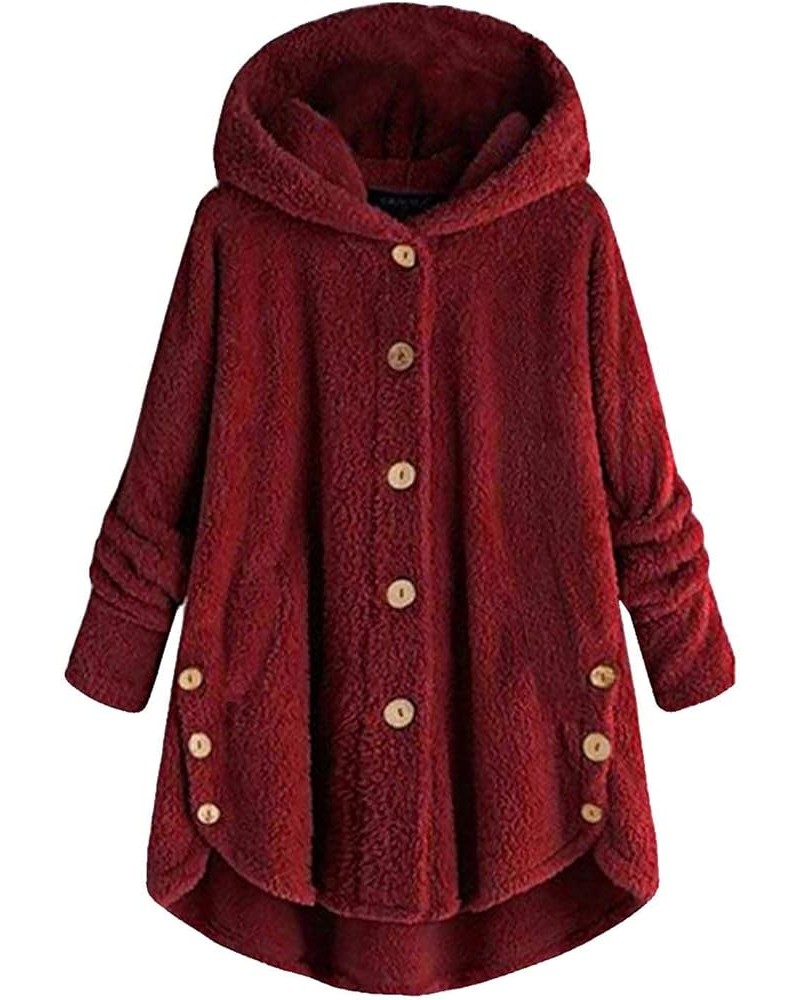 Women Faux Fur Hooded Coat Plus Size Winter Fleece Jackets Single Breasted Long Teddy Coat Relaxed Fit Jackets Wine $9.85 Coats