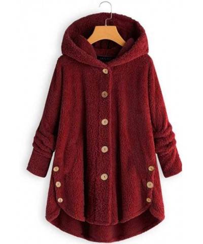 Women Faux Fur Hooded Coat Plus Size Winter Fleece Jackets Single Breasted Long Teddy Coat Relaxed Fit Jackets Wine $9.85 Coats