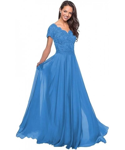 Laces Mother of Bride Dress for Women Short Sleeve V-Neck Chiffon Formal Evening Party Dress Long ZS20 Blue $36.34 Dresses