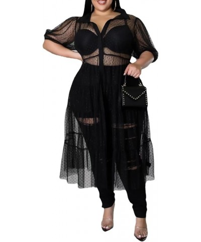 Women's Sexy Plus Size Lapel Shirt Dresses Mesh See Through Puff Short Sleeve Flowy Swing Dress Clubwear 5299black $16.10 Dre...