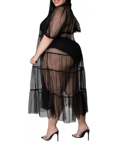 Women's Sexy Plus Size Lapel Shirt Dresses Mesh See Through Puff Short Sleeve Flowy Swing Dress Clubwear 5299black $16.10 Dre...