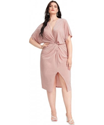 Women's Short Sleeve V Neck Twist Front Split Midi Dress Pink New $13.49 Dresses