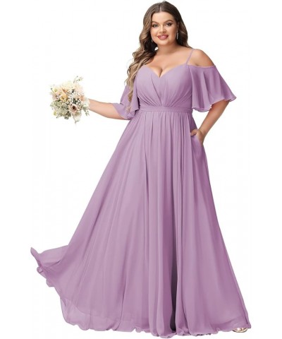 Elegant Women Plus Size Bridesmaid Dresses 2024 with Slit Cold Shoulder Chiffon Formal Party Dresses with Pockets RO020 Dusty...