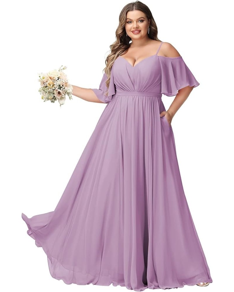 Elegant Women Plus Size Bridesmaid Dresses 2024 with Slit Cold Shoulder Chiffon Formal Party Dresses with Pockets RO020 Dusty...