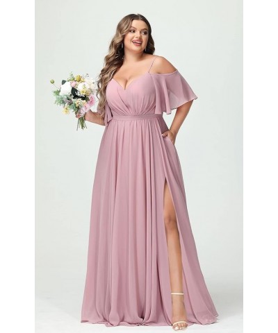 Elegant Women Plus Size Bridesmaid Dresses 2024 with Slit Cold Shoulder Chiffon Formal Party Dresses with Pockets RO020 Dusty...