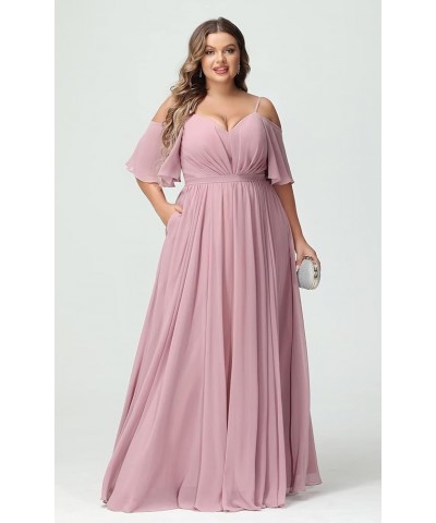 Elegant Women Plus Size Bridesmaid Dresses 2024 with Slit Cold Shoulder Chiffon Formal Party Dresses with Pockets RO020 Dusty...