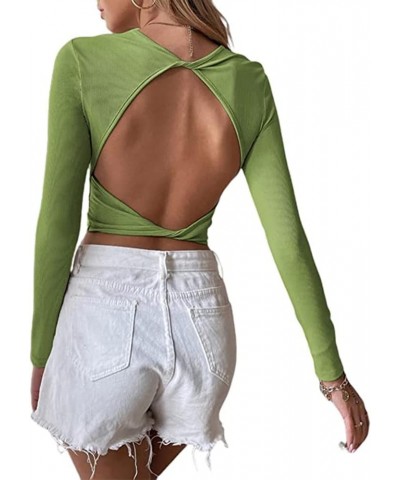 Backless Top for Women Ribbed Knit Twist Back Crop Tops Long Sleeve Y2k Cut Out Shirt Sexy Slim Fit Green $11.25 Tops