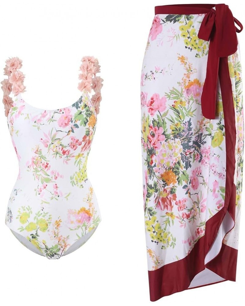 Womens Two Piece Swimsuit Vintage Print Halter Tummy Control Strappy Swimsuits with Bikini Maxi Wrap Skirt Pink Flowers-1 $14...