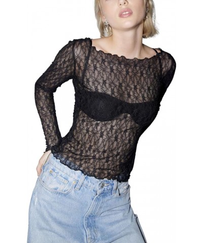 Women Lace Sheer Long Sleeve Shirt Sexy Mesh See Through Blouse Crop Tops Slim Fit Lace Trim Patchwork Tshirts Y2K A-sheer La...