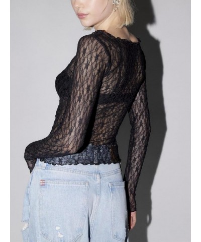 Women Lace Sheer Long Sleeve Shirt Sexy Mesh See Through Blouse Crop Tops Slim Fit Lace Trim Patchwork Tshirts Y2K A-sheer La...