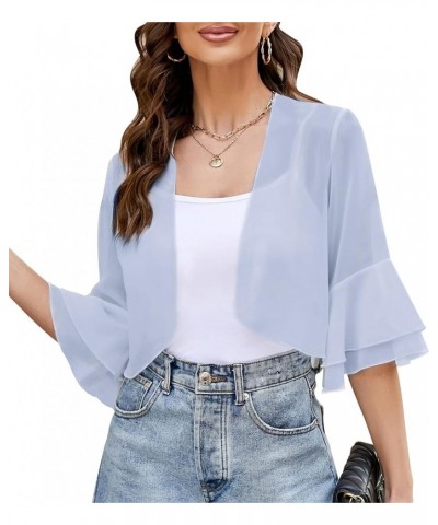 Women's Lightweight Sheer Chiffon Shrug 3/4 Double Layer Bell Sleeve Open Front Short Cardigan Grey $12.00 Sweaters