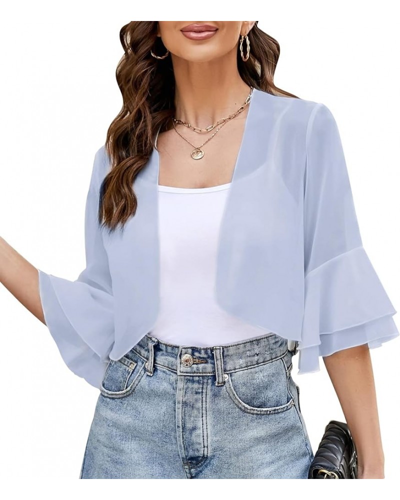 Women's Lightweight Sheer Chiffon Shrug 3/4 Double Layer Bell Sleeve Open Front Short Cardigan Grey $12.00 Sweaters