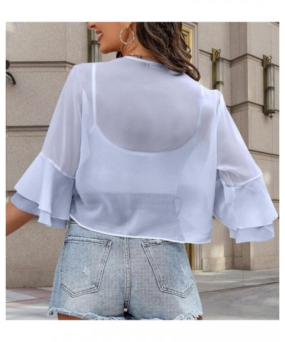 Women's Lightweight Sheer Chiffon Shrug 3/4 Double Layer Bell Sleeve Open Front Short Cardigan Grey $12.00 Sweaters