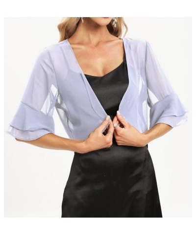 Women's Lightweight Sheer Chiffon Shrug 3/4 Double Layer Bell Sleeve Open Front Short Cardigan Grey $12.00 Sweaters