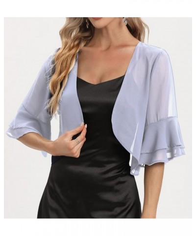 Women's Lightweight Sheer Chiffon Shrug 3/4 Double Layer Bell Sleeve Open Front Short Cardigan Grey $12.00 Sweaters