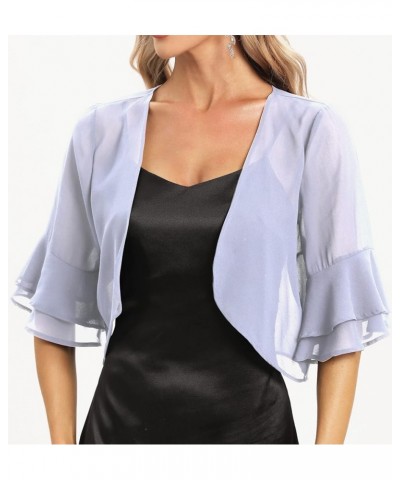 Women's Lightweight Sheer Chiffon Shrug 3/4 Double Layer Bell Sleeve Open Front Short Cardigan Grey $12.00 Sweaters