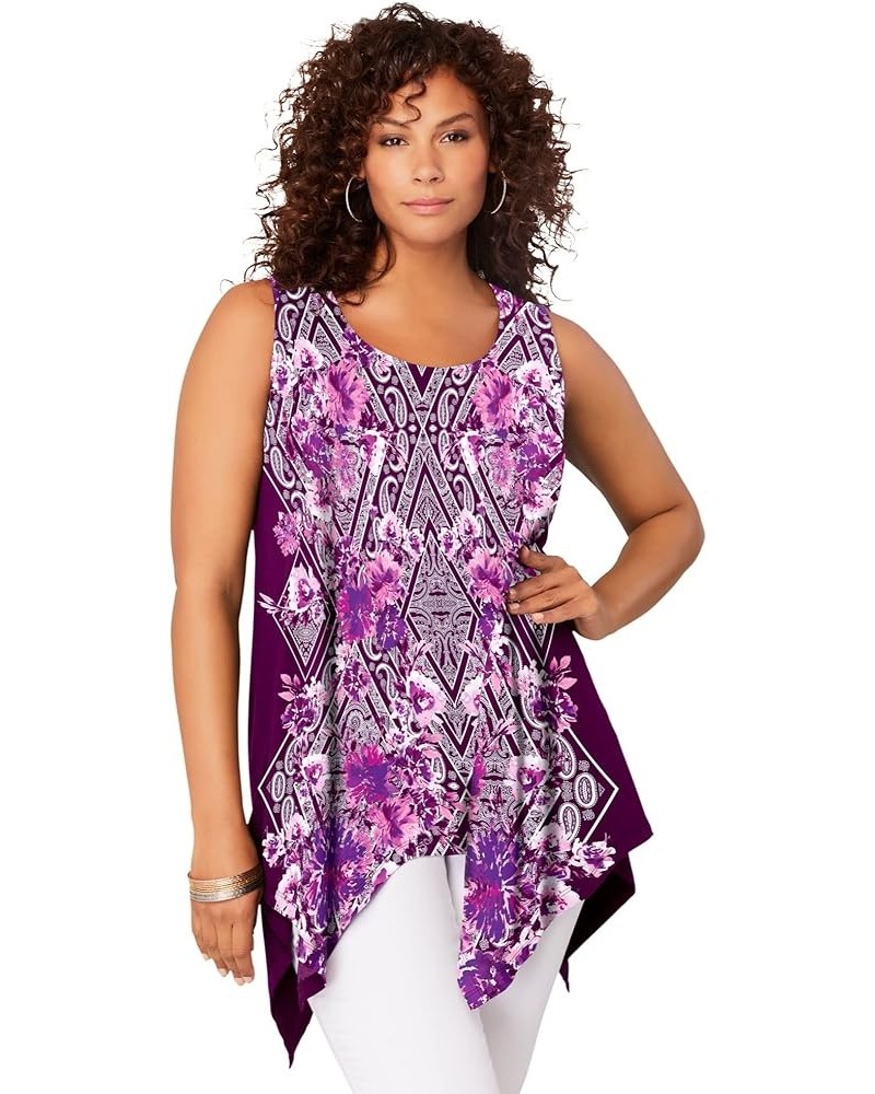 Women's Plus Size Handkerchief-Hem Tunic Tank Dark Berry Paisley Diamond $19.80 Tops