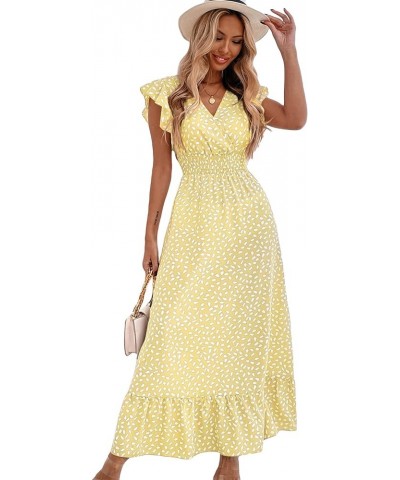 Women's Allover Print Ruffle Sleeve V Neck Ruffle Hem A Line Summer Maxi Dress Yellow $24.48 Dresses