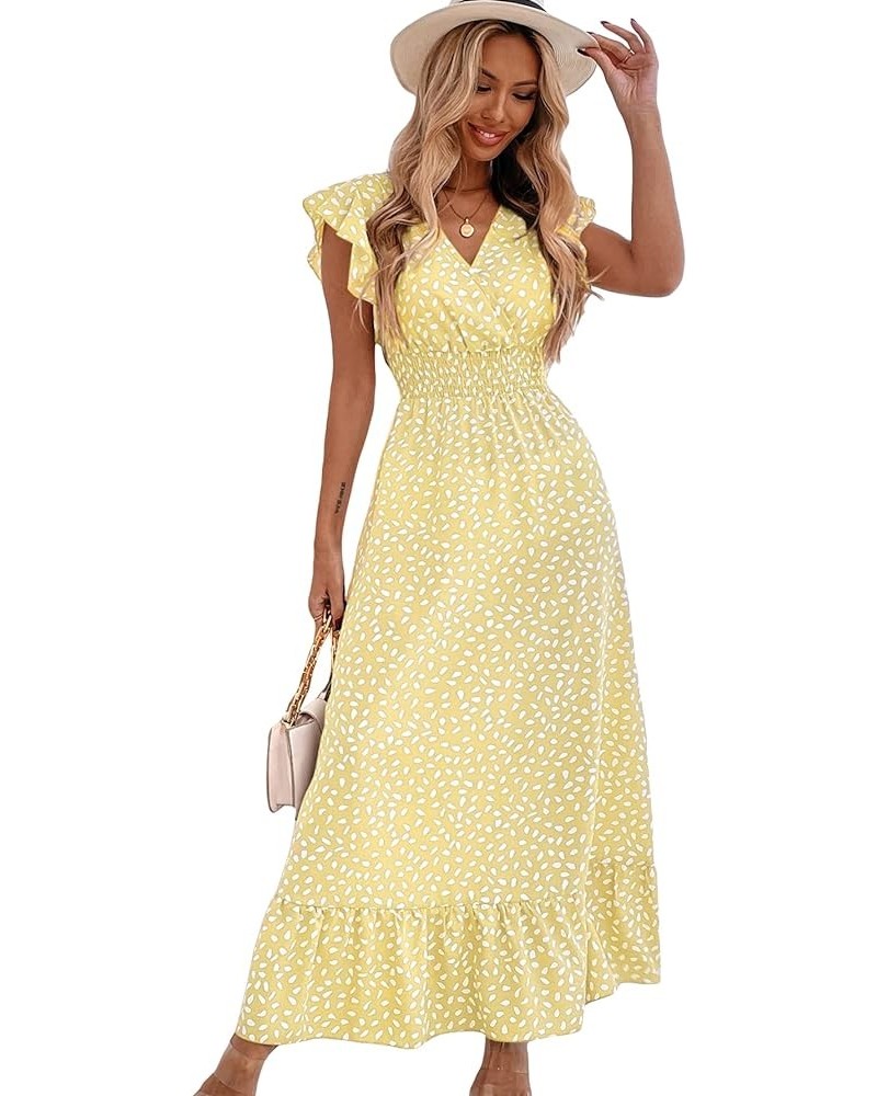 Women's Allover Print Ruffle Sleeve V Neck Ruffle Hem A Line Summer Maxi Dress Yellow $24.48 Dresses