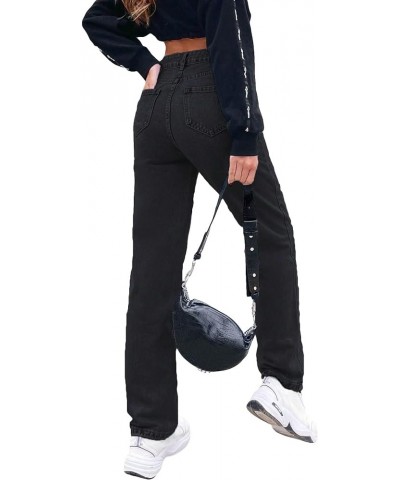 Women's Casual High Waisted Straight Leg Boyfriend Jeans Denim Pants Solid Black $28.07 Jeans