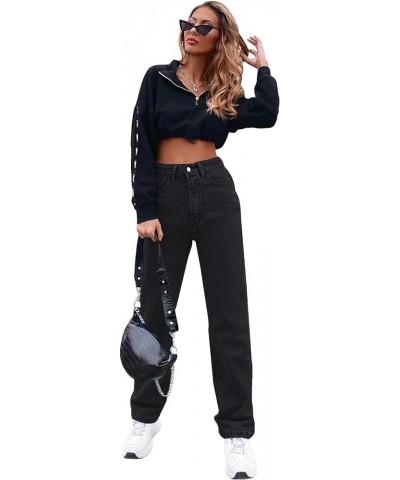 Women's Casual High Waisted Straight Leg Boyfriend Jeans Denim Pants Solid Black $28.07 Jeans