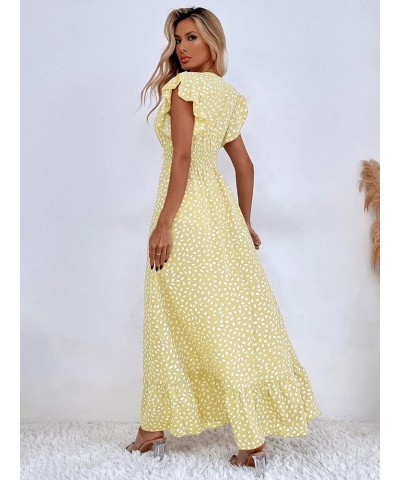 Women's Allover Print Ruffle Sleeve V Neck Ruffle Hem A Line Summer Maxi Dress Yellow $24.48 Dresses